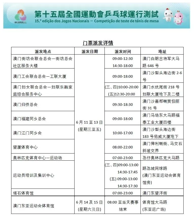 免费门票！琴澳居民及游客可领取第十五届全运会乒乓球测试赛门票